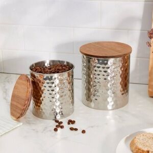 NIB Uncommon James Set of 2 Medium & Large Silver Hammered Canisters Wooden Lids